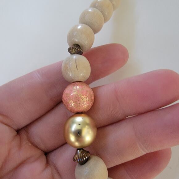 Vintage Cream Wood and Gold Tone Beaded Necklace Chunky Round Statement Jewelry